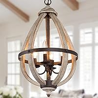 Farmhouse Chandelier, Orb Wood Chandelier, 4-Light Entryway Foyer Lighting with Hand-Brushed Rust Metal Finish, Brown