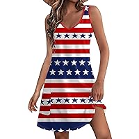 4th If July Dress 4th of July Dress Women 2024 American Print Vintage Fashion Casual with Sleeveless Round Neck Sundresses Dark Blue Medium