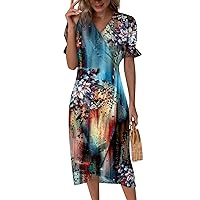 Women's Summer Dresses 2024 Dresses Spring Elegant Wrap V Neck Floral Boho Dress Flowy Ruched Maxi Dress, S-3XL