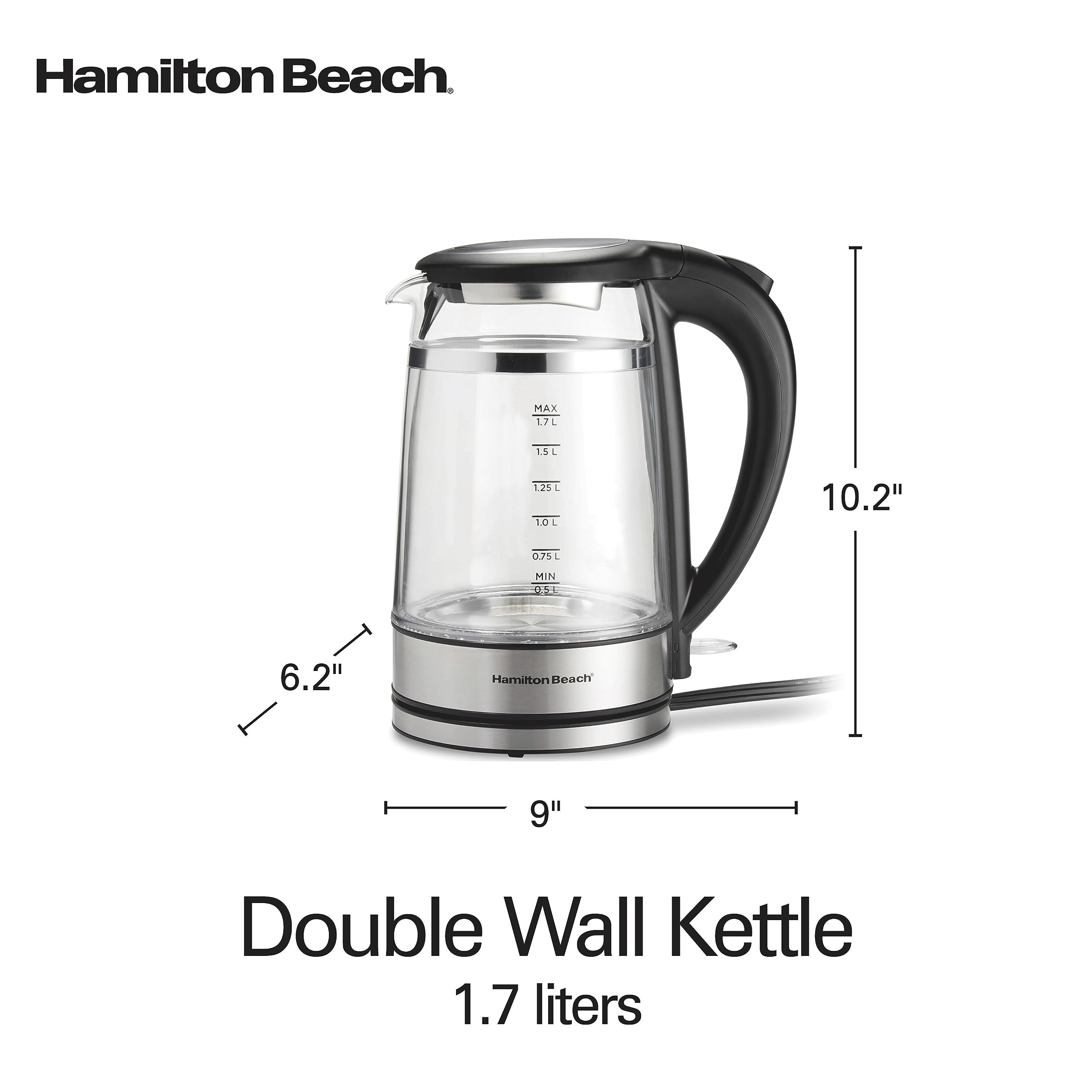 Hamilton Beach 1.7L Electric Tea Kettle, Water Boiler & Heater, Built-In Mesh Filter, Auto-Shutoff & Boil-Dry Protection, Cordless Serving, Variable LED Indicator, Double Wall Glass (40850)
