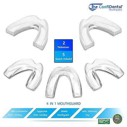 The ConfiDental - Pack of 5 Moldable Mouth Guard for Teeth Grinding Clenching Bruxism, Sport Athletic, Whitening Tray, Including 3 Regular and 2 Heavy Duty Guard (3 (lll) Regular 2 (II) Heavy Duty)