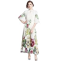 LAI MENG FIVE CATS Women's Elegant Pleated Round Neck 1/2 Sleeves Print Maxi Casual Swing Flowy Party Dress