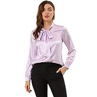 Allegra K Women's Bow Tie Neck Long Sleeve Printed Pussy Satin Blouse Tops