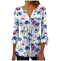 Shirts for Women Trendy, Women's Fashion Seventh Sleeve Floral Print V-Neck Short Sleeve Button Down T-Shirt