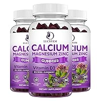 Calcium Magnesium Zinc Gummies witn Elderberry and Sea Moss, Calcium Magnesium 2:1, Contains Magnesium Glycinate, Vitamin D3, for Bones, Muscles, Calm Mood & Sleep Support , 60 Gummies(3 Packs)