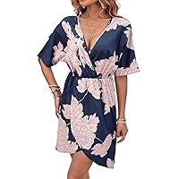 Womens Summer Dresses Floral Print Half Sleeve Wrap Hem A-Line Midi Dress