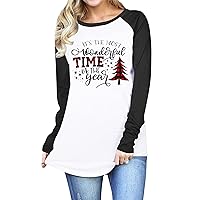 MOUSYA Merry Christmas T Shirt Women Plaid Christmas Tree Tee Tops Letter Print Long Sleeve Holiday Shirt