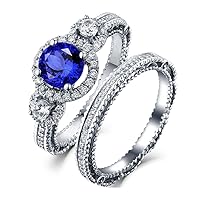 Fine Genuine Natural Blue Tanzanite Gemstone Diamond Solid 14K White Gold Engagement Matching Eternity Rine Set for Women