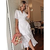 Women's Dress Dresses for Women Butterfly Sleeve Ruffle Trim Wrap Knot Side Mesh Dress (Color : White, Size : X-Large)
