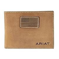 Men's Genuine Leather Bifold Wallet, USA Flag Patch, Medium Brown, 3-1/2