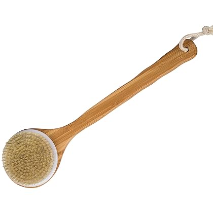 Janrely Bath Dry Body Brush Natural Bristles Back Scrubber With Long Wooden Handle For Cellulite And Exfoliating