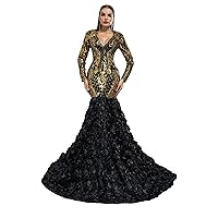 Women's Long Sleeves Sequins Mermaid Prom Dress Lace Evening Dress V Neck Party Gowns with Rose Flowers Train