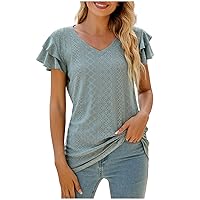 Women's Tops Summer Ruffle Sleeve Tops V Neck Eyelet Tshirts Hollow Casual Blouse Fashion Solid Loose Tunic Shirts
