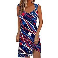 Woman 4th of July Dress 4th of July Dress for Women America Flag Print Sexy Vintage Fashion with Sleeveless Round Neck Splice Dresses Royal Blue Large
