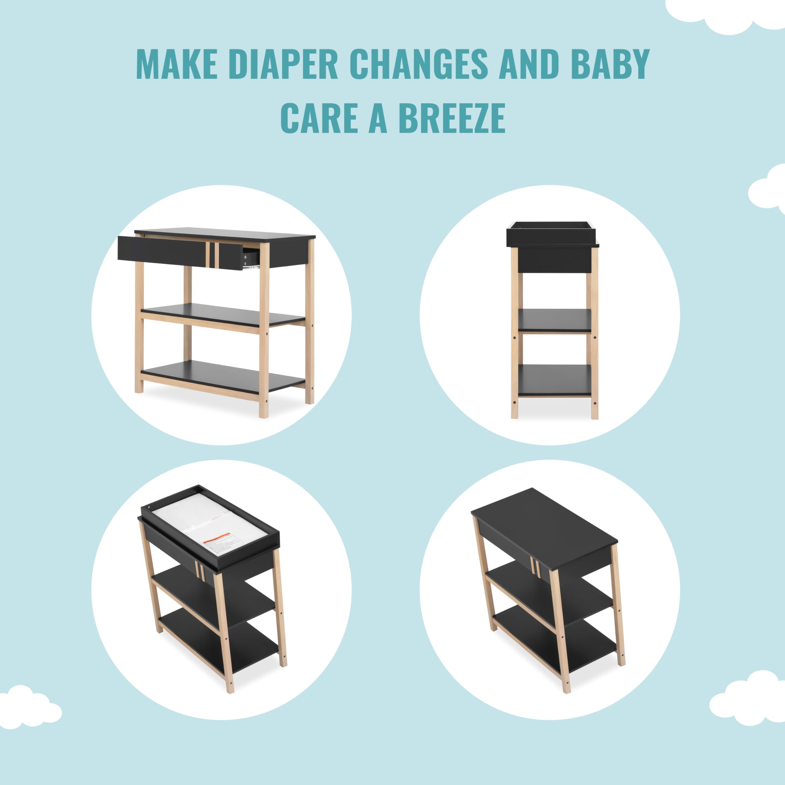 Dream On Me Soho Changing Table in Matte Black Vintage, Crafted with Sustainable New Zealand Pinewood