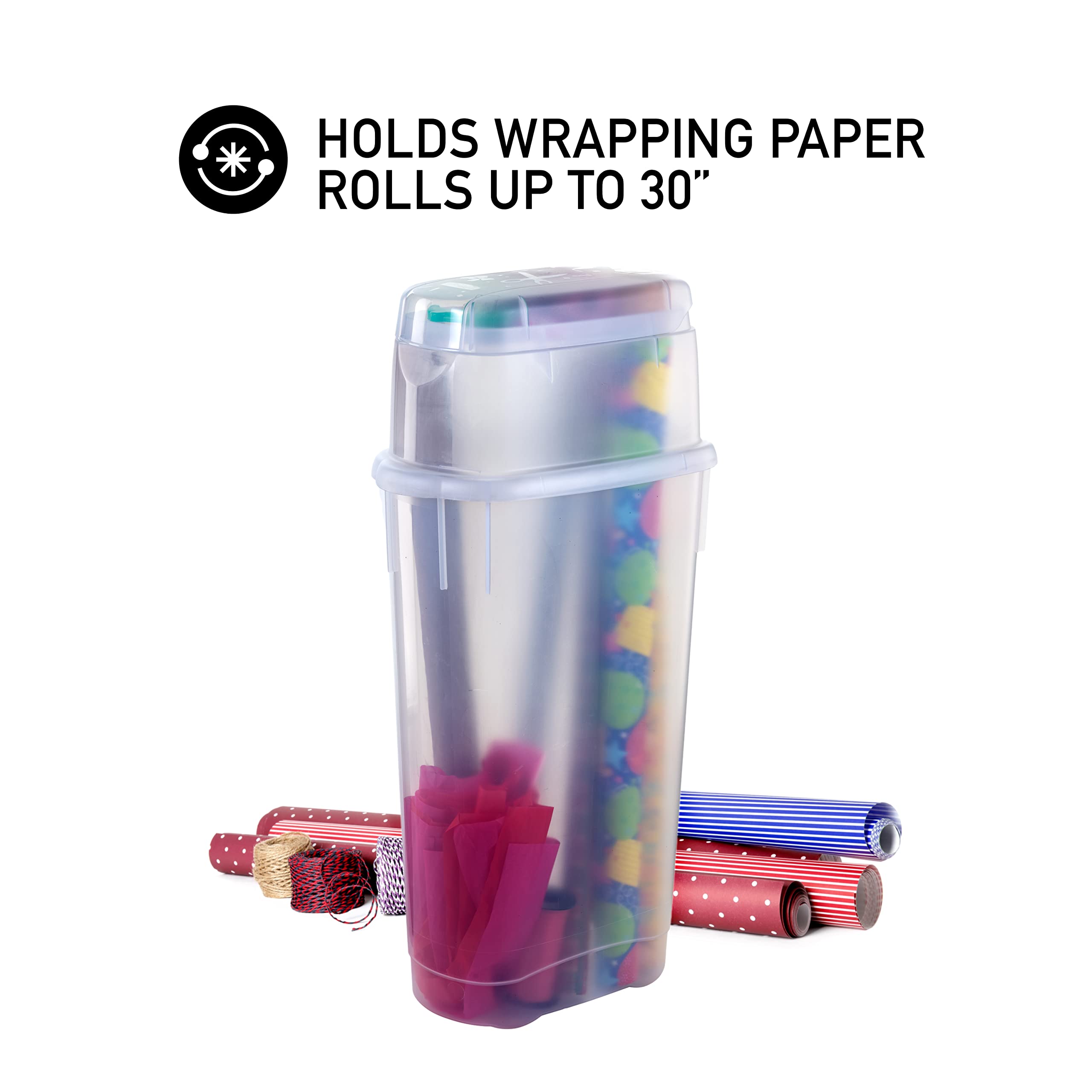 Rubbermaid Wrap N’ Craft, Plastic Storage Container for Wrapping Paper and Crafting Supplies, Fits Up to 20 Rolls of Standard 30” Wrapping Paper, Two Compartments, Slim Design, Clear Exterior