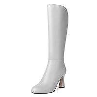 Womens Matte Solid Wedding Zip Round Toe Cute Block High Heel Knee High Boots 3.3 Inch
