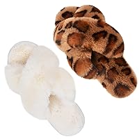 Parlovable Set of 2 Pairs-Women's Plush Cross Band Slippers Furry Fur Open Toe Cozy House Shoes Comfy Anti-Slip, US Size 9-10 (Cream,Leopard)