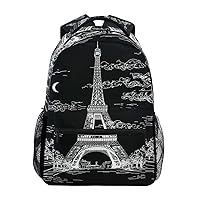 ALAZA Night And Day Landscape With Eiffel Tower In Black White Color Hand Drawing Stylish Large Backpack Personalized Laptop iPad Tablet Travel School Bag with Multiple Pockets