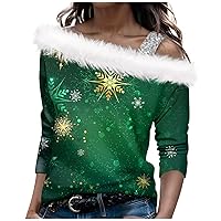 Women's Christmas Blouses Autumn and Winter Long Sleeved Single Shoulder Strap Print Pullover Top, S-3XL
