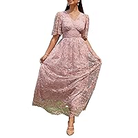 Miessial Women's V-Neck Lace Floral Long Dress Embroidery Cocktail Wedding Guest Boho Maxi Dress