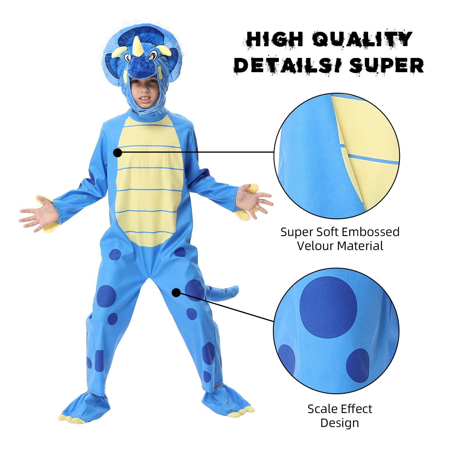 Geefia 1PACK Halloween Triceratops Deluxe Kids Dinosaur Costume for Halloween Dinosaur Dress Up Party(Blue/Yellow,T)