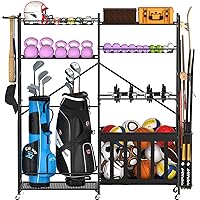 Garage Sports Equipment Organizer, 2 Golf Bag Organizer and Ball Storage Rack, Garage Organization with Basket and Hooks for Sports, Gear, Toys