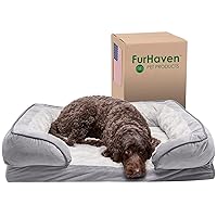 Furhaven Cooling Gel Dog Bed for Large/Medium Dogs w/ Removable Bolsters & Washable Cover, For Dogs Up to 55 lbs - Plush & Velvet Waves Perfect Comfort Sofa - Granite Gray, Large