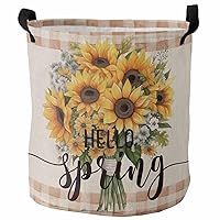 Hello Spring Laundry Basket Hamper with Handles, Collapsible Laundry Basket Waterproof Cloth Laundry Hamper Easy Carry Storage Basket Sunflower Daisy Flowers Rustic Orange Plaid 16.5x17 In