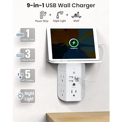 Mifaso Wall Outlet Extender with Shelf and Night Light,Surge Protector, Wall Charger with 5 USB Outlets and 3 USB Ports 1 USB C Outlet Wide Space 3-Sided Power Strip Multi Plug Outlets…