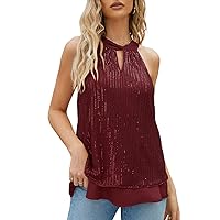 JASAMBAC Womens Sequin Tops Sparkle Sleeveless Halter Top Dressy Glitter Cocktail Party Tank
