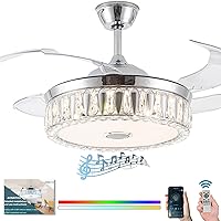 Retractable Ceiling Fan with Light, Crystal Modern Ceiling Fan with Lights 42 Inch, Smart Bluetooth Music Player Chandelier 7 Color Invisible Blades Ceiling Fan with Remote Control(Crystal B)