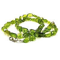 JEWELZ 24 inch Long Nugget Shape Faceted Cut Natural Peridot 7 mm Beads Necklace with 925 Sterling Silver Clasp for Women, Girls Unisex