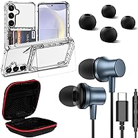 Galaxy S24 Case, Samsung S24 Wallet Case Clear Flip Cover + USB C Headphone Type C Earphone Magnetic in-Ear Wired Earbud for iPhone 15 Pro Max Samsung S24 Ultra A53 A54 S23 FE S22 S21