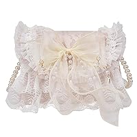 QZUnique Lolita Shoulder Bag Handmade Crossbody Tote Bags with Lace Bow Fashion Casual Handbags for Women Girl Stylish Purse with Pearl Shoulder Straps