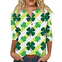 Women's St Patrick's Day T-Shirt 3/4 Sleeve Lucky Irish Shamrock Paddy's Day Button Neck Loose Casual Blouses Tshirts
