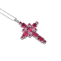 Natural Ruby 7X5 MM Octagon Gemstone Holy Cross Pendant Necklace 925 Sterling Silver July Birthstone Ruby Jewelry Proposal Gift For Girlfriend (PD-8404)