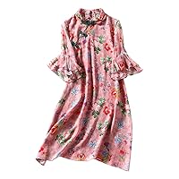 Everyday Dress Silk Printing Modified Cheongsam Mock Neck Flare Sleeve Knee Length Skirt2182XXL Pink