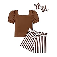 Girls Clothes Toddler Girl Clothes 3-14Y Square Neck Short Sleeve Tops 3pcs Short Sets Summer Clothes for Teen Girls