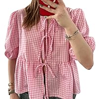 Y2k Peplum Tie Front Top Women Ruffle Gingham Plaid Babydoll Shirt Striped Puff Short Sleeve Bow Going Out Blouse (Red, S)