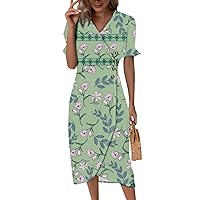 Beach Dresses for Women 2024 Summer Trendy Elegant Wrap V Neck Floral Boho Print Flowy Tunic Ruched Hawaiian Dress