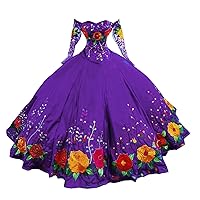 Colorful Flower Embroidery Ball Gown Mexican Quinceanera Dresses with Long Illusion Sleeves Prom Cocktail 2024