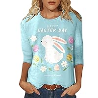 SNKSDGM Women Happy Easter Day T Shirts 3/4 Sleeve Blouse Cute Egg Bunny Printed Graphic Tees Crewneck Holiday Casual Shirts