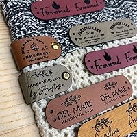 Customized 2.75 x 0.75 inches Faux Leather Product Tags With Rivets, Personalized Tags for Knitting Crochet, Cute Labels Handmade Perfect for Hats Beanies Scarves & More, Labels for knits