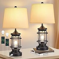 AKASUKI Farmhouse Table Lamps Set of 2, 3 Way Dimmable Bedside Touch Lamp with USB Port, Nightstand Lamp with Rotary Switch, Rustic Industrial Desk Lamps for Living Room, 4 Bulbs Included