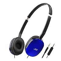 JVC Blue Flat Foldable Colorful Flats On Ear Headphones with Remote and Microphone, 3.94 Foot Gold Plated 3.5mm Slim Plug - HAS160MA, Adjustable