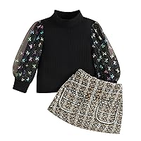 Girl Bundle Toddler Girls Long Sleeve Ribbed T Shirt Tops Plaid Skirt Outfits Crop Sweatshirt (Black, 4-5 Years)
