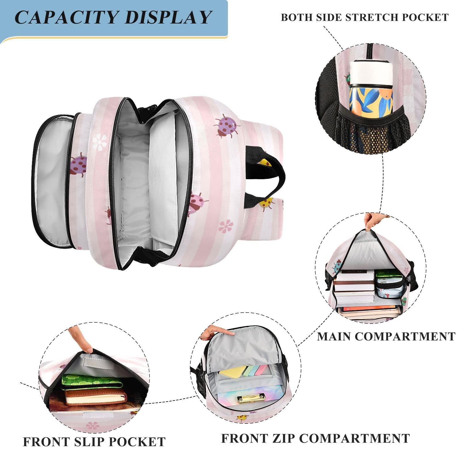 ALAZA Colorful Ladybugs Beetles on Pink Stripe Casual Daypacks Outdoor Backpack