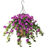 Artificial Vine Silk Petunia Flowers,Hanging Plant in Basket, Coconut Lining Basket Hanging Plant for Patio Lawn Garden Decor (Purple)