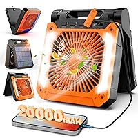 20000mAh Rechargeable Solar Powered Fan with LED Lantern & SOS Strobe Light, 3 Speeds Battery Operated Camping Fan with PowerBank & Timer, Hanging Portable Fan for Travel Power Outage Hurricane